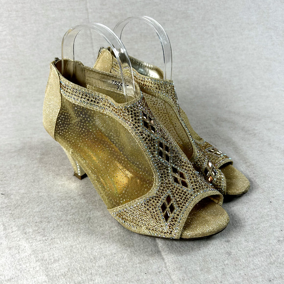 Pierre Dumas Womens Gold Mesh Booties Size 7.5 Sparkly Sequin Heels Event Prom - Picture 1 of 12